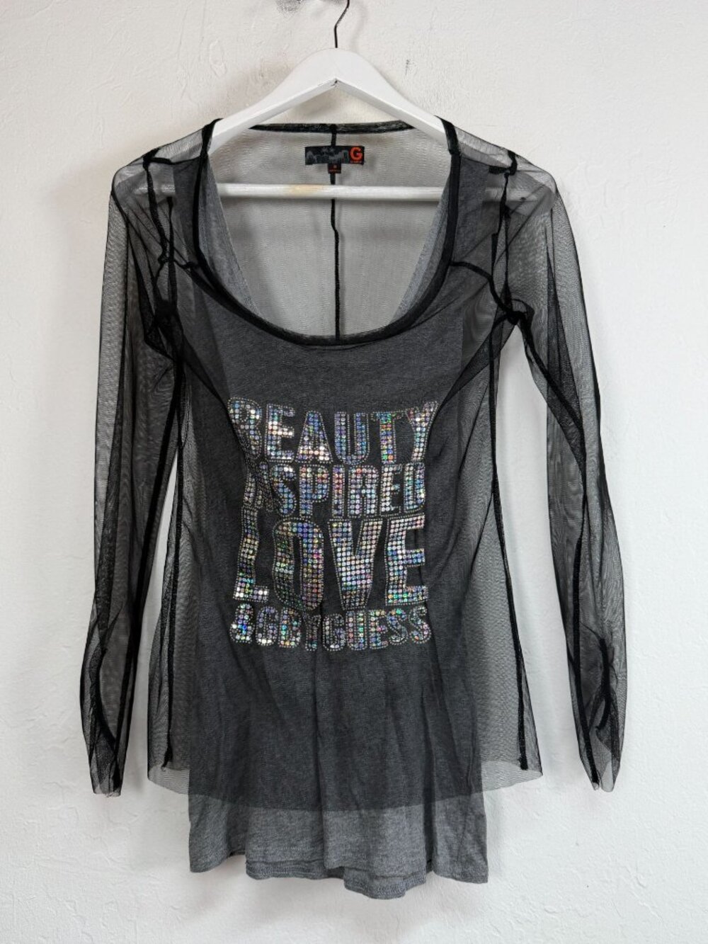 G by Guess Womens Layered Mesh Top Black Grey Rhinestone Graphic Shirt Medium